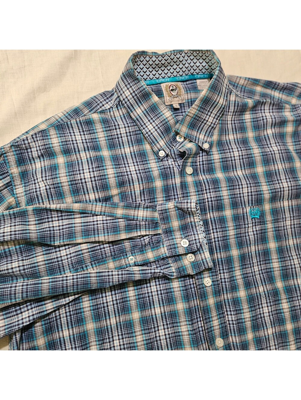 Cinch Men's L Blue Plaid Button-Up Shirt 100% Cotton Western Rodeo
